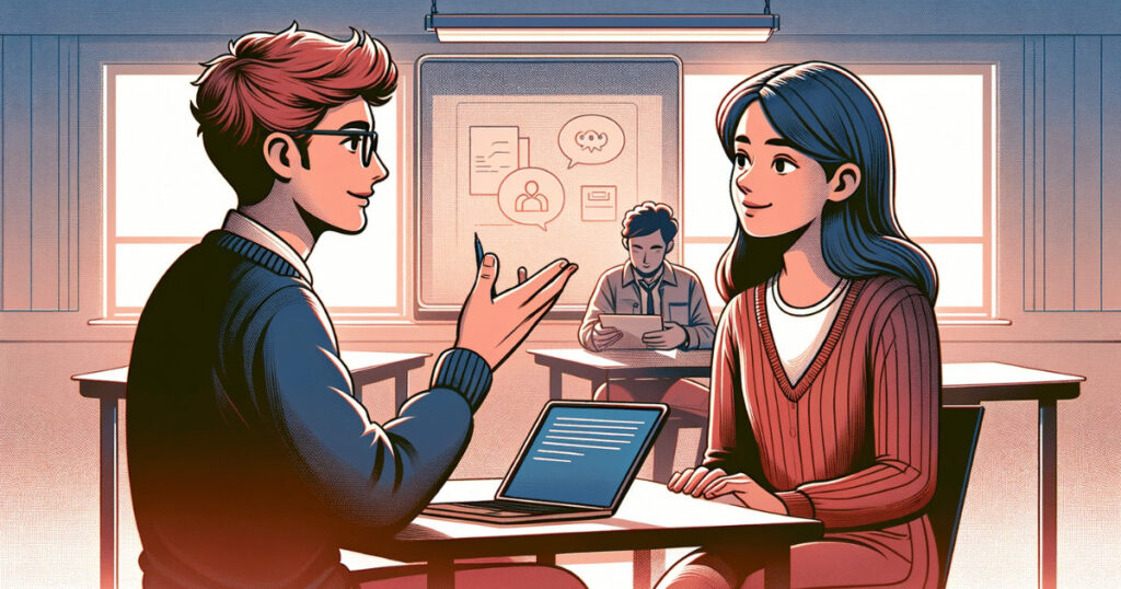 concept of the dialogue 'Spot On' in an academic setting. The image portrays two university students, João and Maria, engaged in a conversation or presentation rehearsal in a classroom or study area, symbolizing an academic environment. This setting reflects a positive and supportive academic exchange with a focus on technology's role in daily life