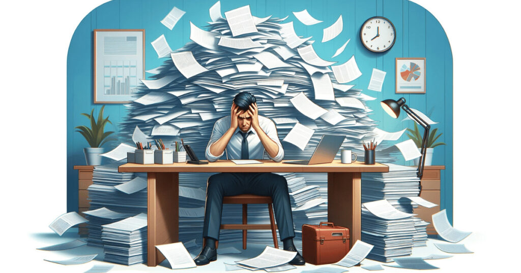 concept of 'Fed up'. The image depicts a person sitting at a desk with an overwhelmed expression, surrounded by piles of paperwork, symbolizing frustration and exhaustion. This visual aligns well with the theme of being overwhelmed and tired