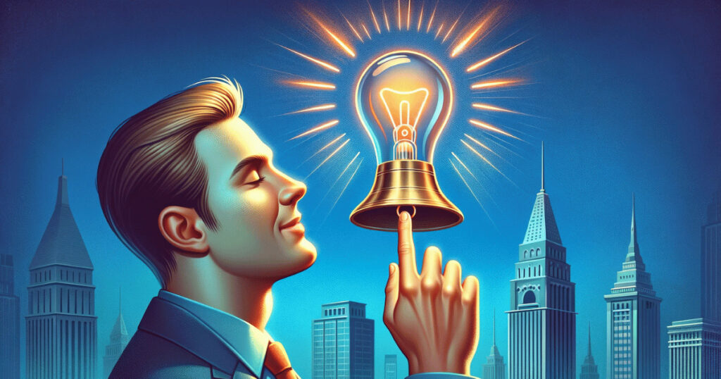 concept of 'It Rings a Bell'. The image depicts a person having a moment of recognition or realization, symbolizing the idea of something sounding familiar or sparking a memory