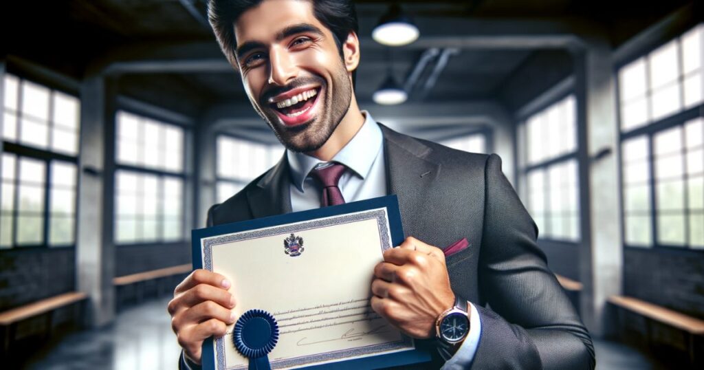 Homem do Oriente Médio em traje formal, comemorando com seu certificado de inglês, simbolizando o sucesso no aprendizado do idioma