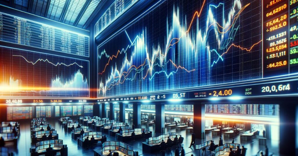 Ambiente agitado de uma bolsa de valores com comerciantes e telas mostrando gráficos de ações subindo e descendo