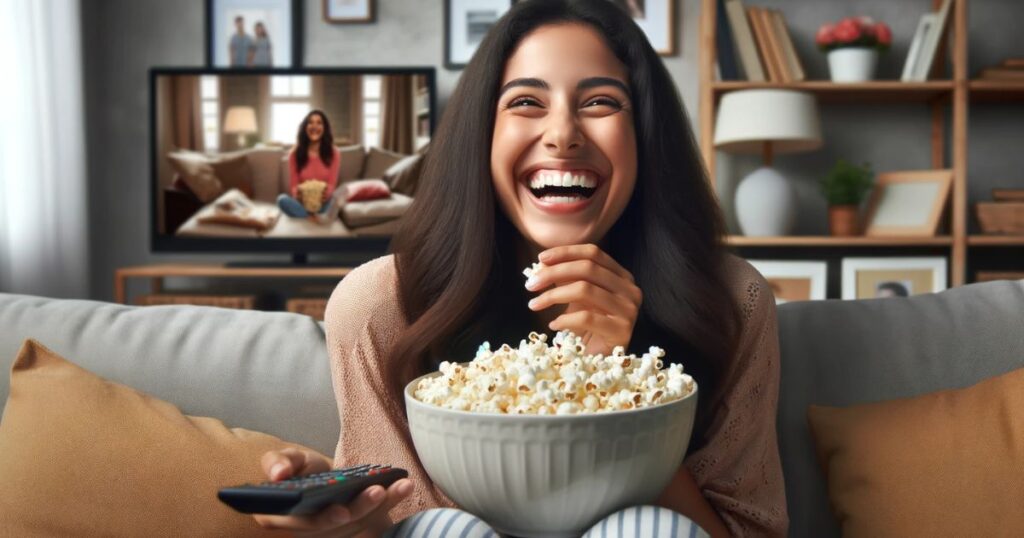 Mulher hispânica sentada em um sofá, assistindo TV e rindo com uma tigela de pipoca, celebrando a aprendizagem do inglês