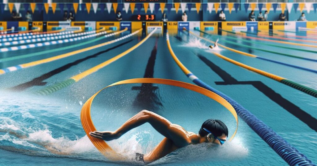 Nadador asiático em uma piscina competitiva, fazendo uma virada apertada para cortar curvas