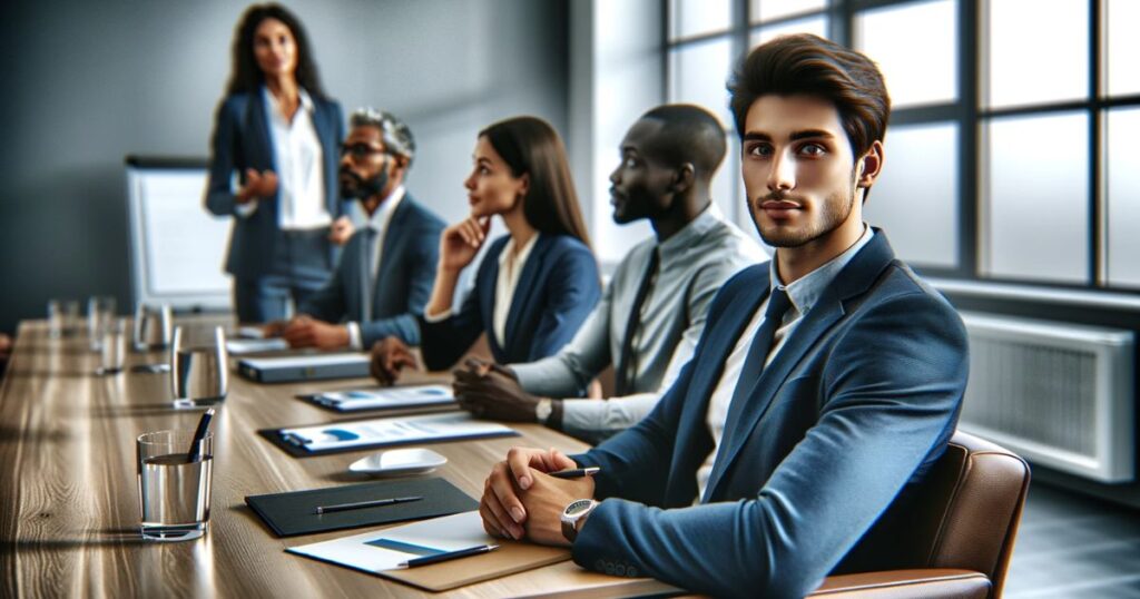 Profissionais diversos em uma sala de reunião moderna, atentos às apresentações dos colegas