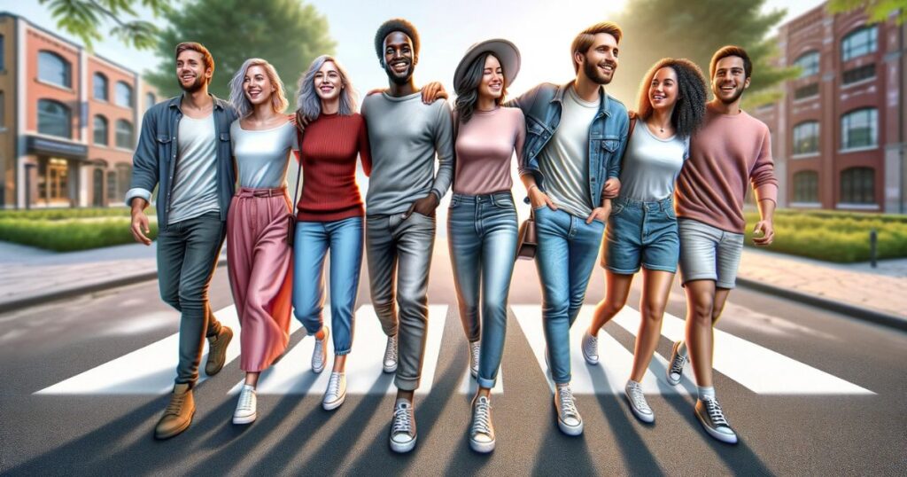 Grupo diversificado de amigos caminhando juntos e felizes em um ambiente ao ar livre