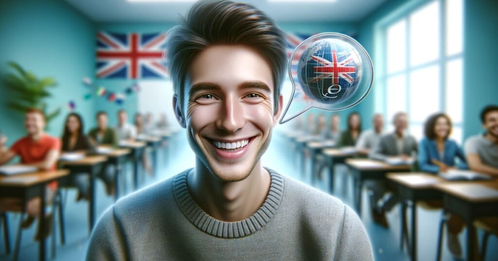 Pessoa sorrindo e celebrando a fluência em inglês, em um ambiente que sugere aprendizado, exemplificando a expressão 'Take Your Time' na conquista de novas habilidades.