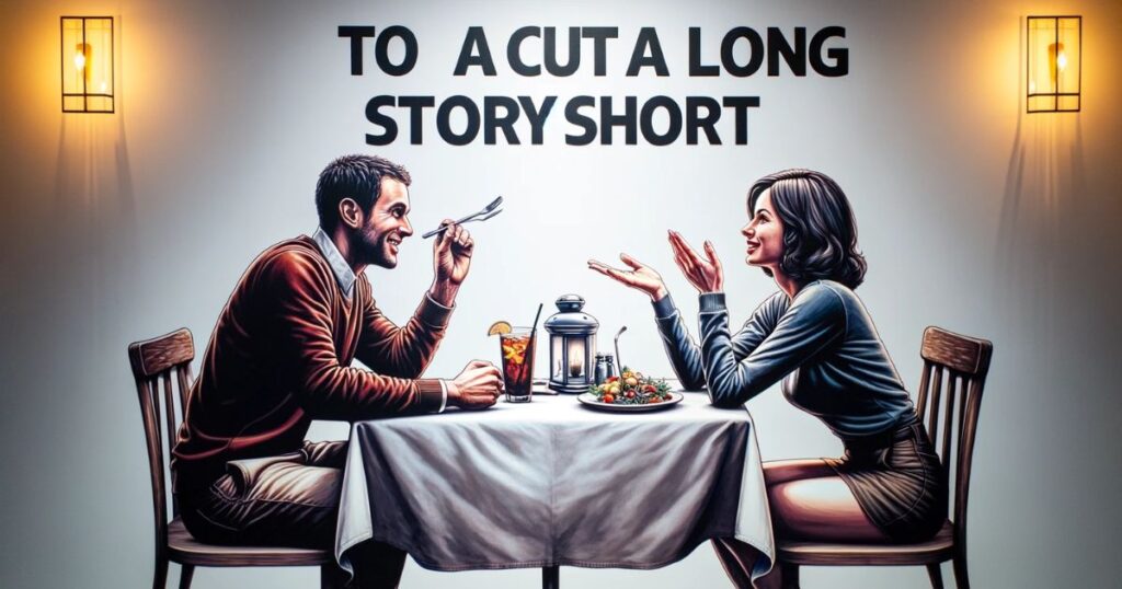 Casal em um restaurante conversando casualmente enquanto espera pelo pedido, ilustrando a expressão 'To Cut a Long Story Short' em um contexto de comunicação agradável e sucinta