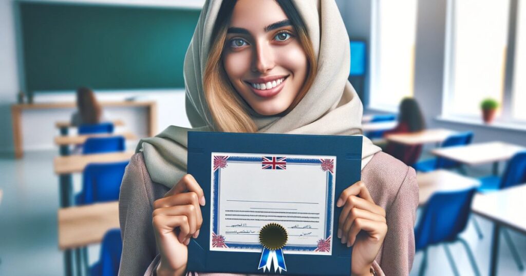 Mulher do Oriente Médio segurando um certificado de inglês com um sorriso de comemoração