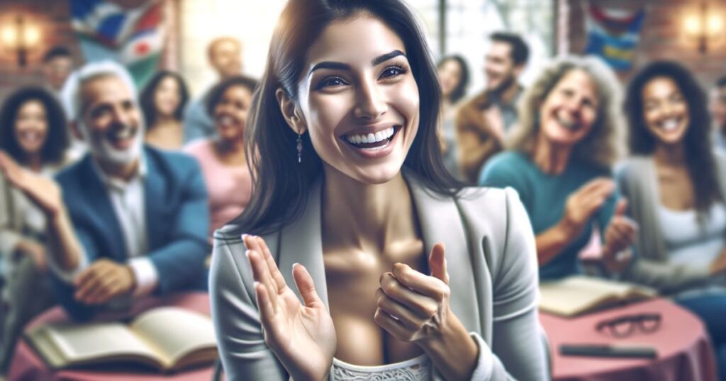 Mulher hispânica sorrindo e comemorando enquanto fala inglês fluentemente em um ambiente animado