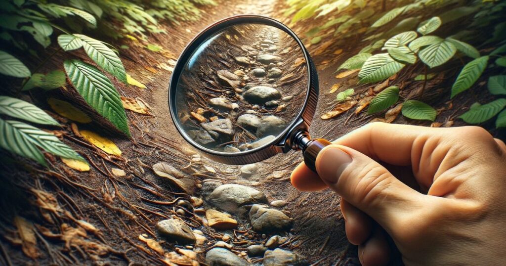 Close-up de uma lupa focando em um ponto específico de uma trilha natural, simbolizando descoberta