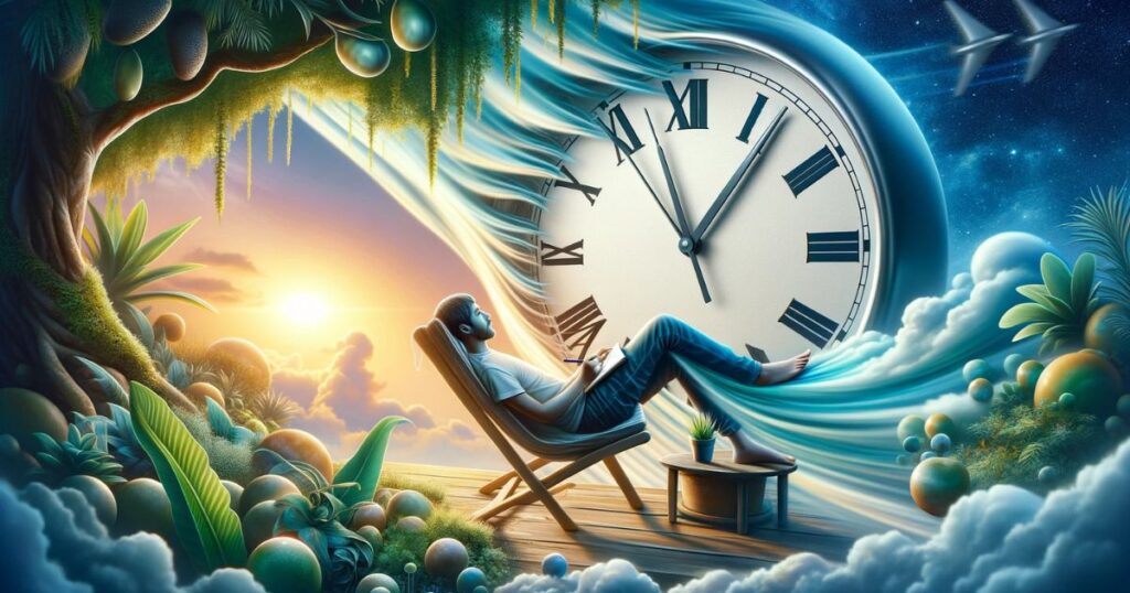 Imagem representando 'Take Your Time', com elementos visuais que simbolizam a ideia de abordar tarefas e atividades de forma relaxada e sem pressa, aproveitando cada momento