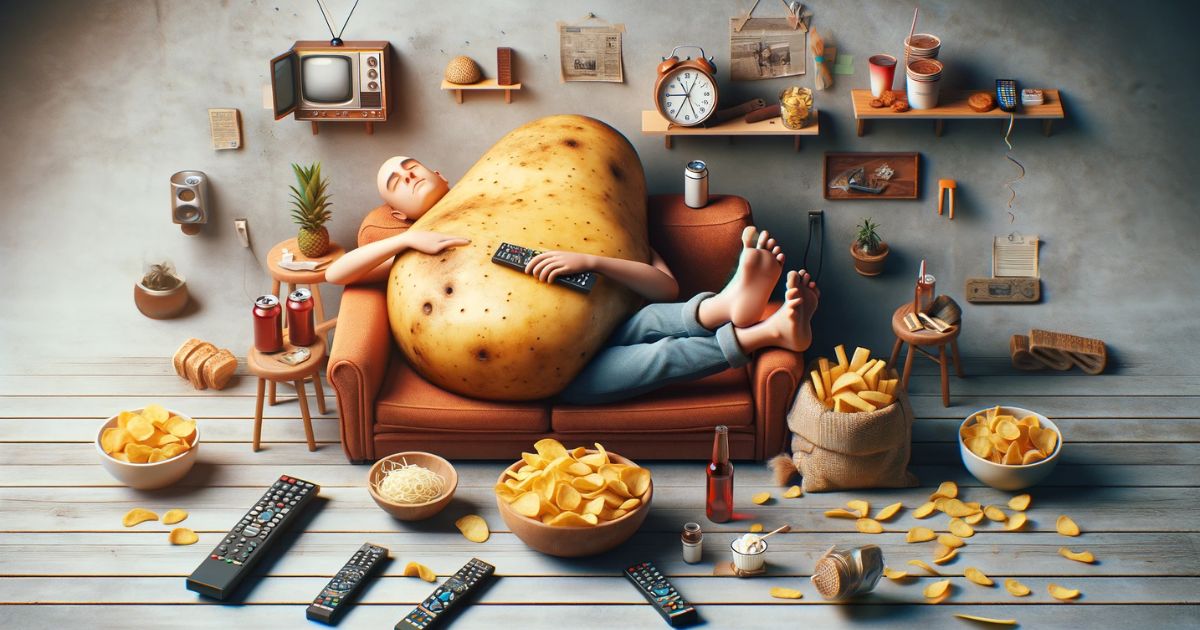 Imagem ilustrando a expressão 'Couch Potato', com uma pessoa em uma postura relaxada no sofá, rodeada de itens como controles remotos e lanches, simbolizando a ideia de inatividade e lazer