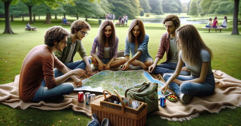 Emily, Alex e amigos sentados em um parque, olhando um mapa e planejando viagens juntos, exemplificando a expressão 'To Be on the Same Page' em um contexto de lazer e planejamento colaborativo