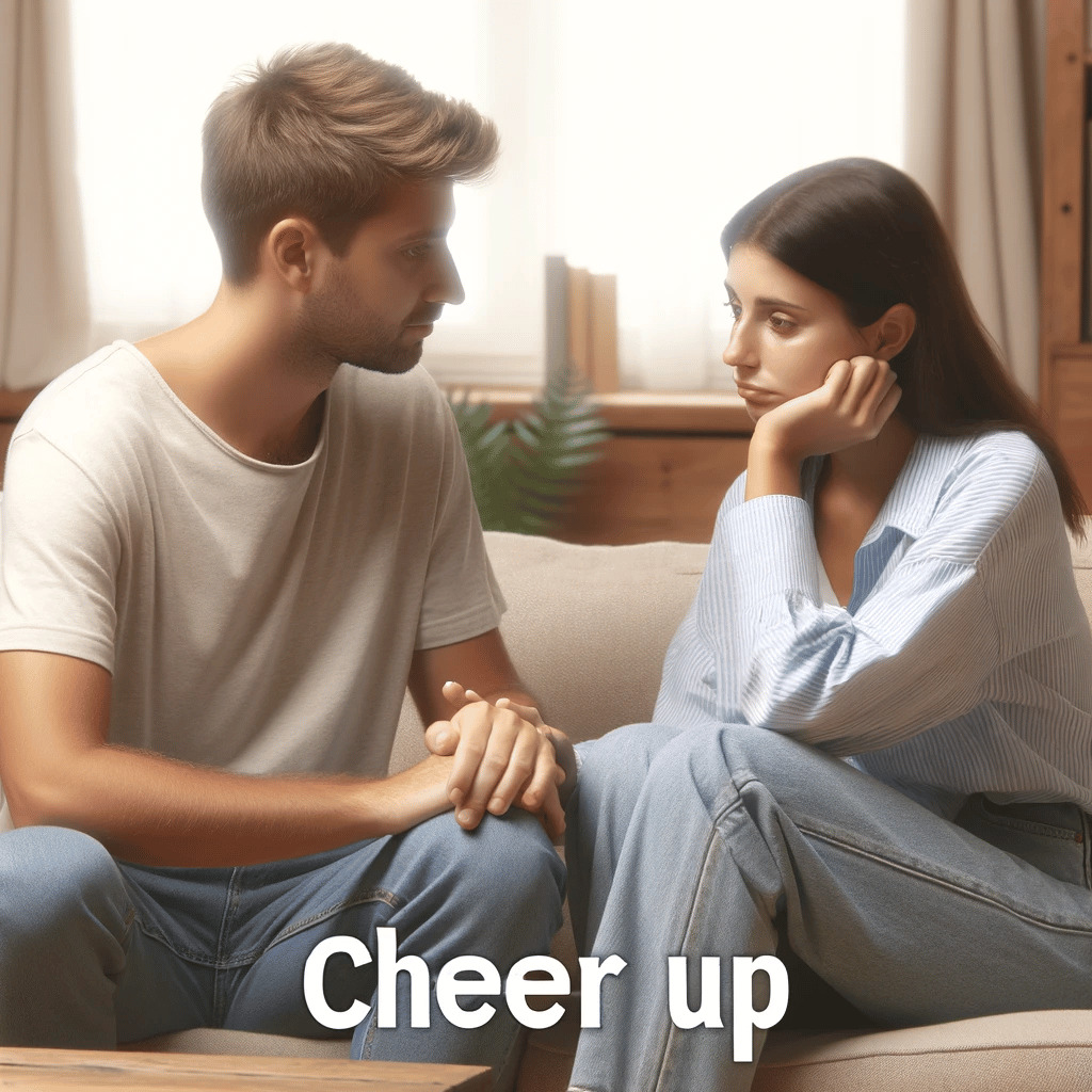 Um casal conversando, com uma pessoa confortando a outra visivelmente triste, em um ambiente aconchegante de sala de estar. Esta imagem incorpora o sentimento de “cheer up” num contexto de relacionamento pessoal.