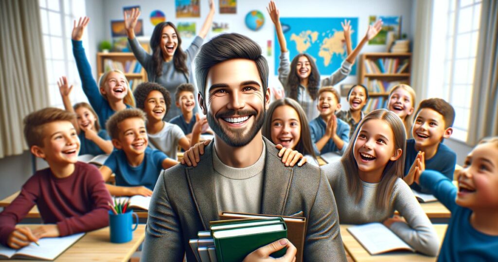 Pessoa sorridente em uma sala de aula com alunos, celebrando a fluência em inglês, representando o sucesso no aprendizado e a expressão 'To Cut a Long Story Short' no contexto educacional.