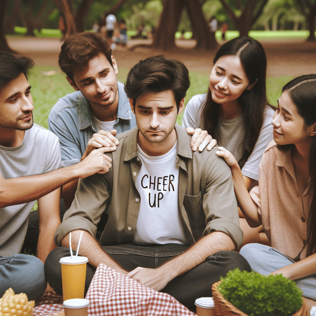 Um grupo de amigos se reuniu em um piquenique casual ao ar livre em um parque, onde um deles parece um pouco deprimido e os outros tentam animá-los cheer up