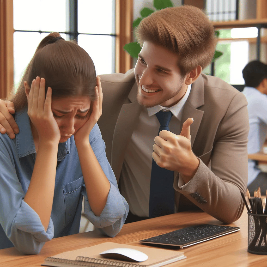 Aqui está a imagem que retrata uma pessoa incentivando seu colega de trabalho em um ambiente de escritório, personificando o sentimento de “cheer up”.