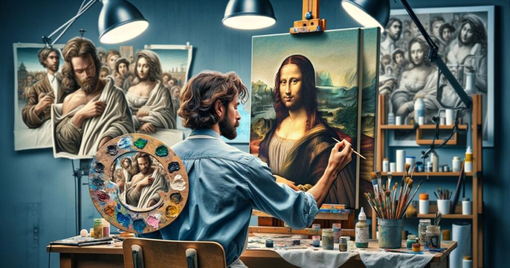 Artista caucasiano em um estúdio, copiando uma pintura famosa ao lado de sua obra original