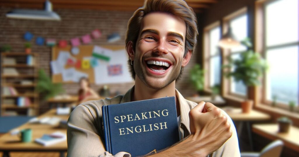 Pessoa sorrindo e celebrando a fluência em inglês, especialmente após aprender a expressão 'keen on', em um ambiente de aprendizado