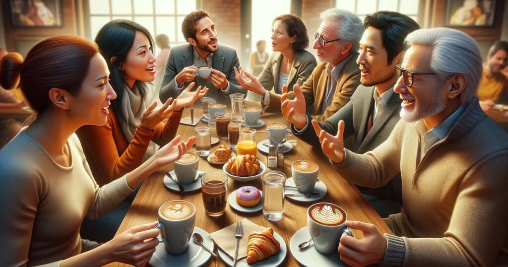 Grupo diversificado de amigos sentados em um café, engajados em uma conversa animada e reflexiva