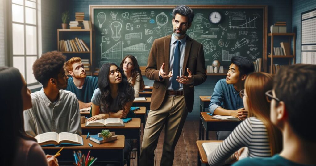 Professor caucasiano explicando algo a um grupo diversificado de alunos em uma sala de aula, com um quadro negro ao fundo repleto de informações