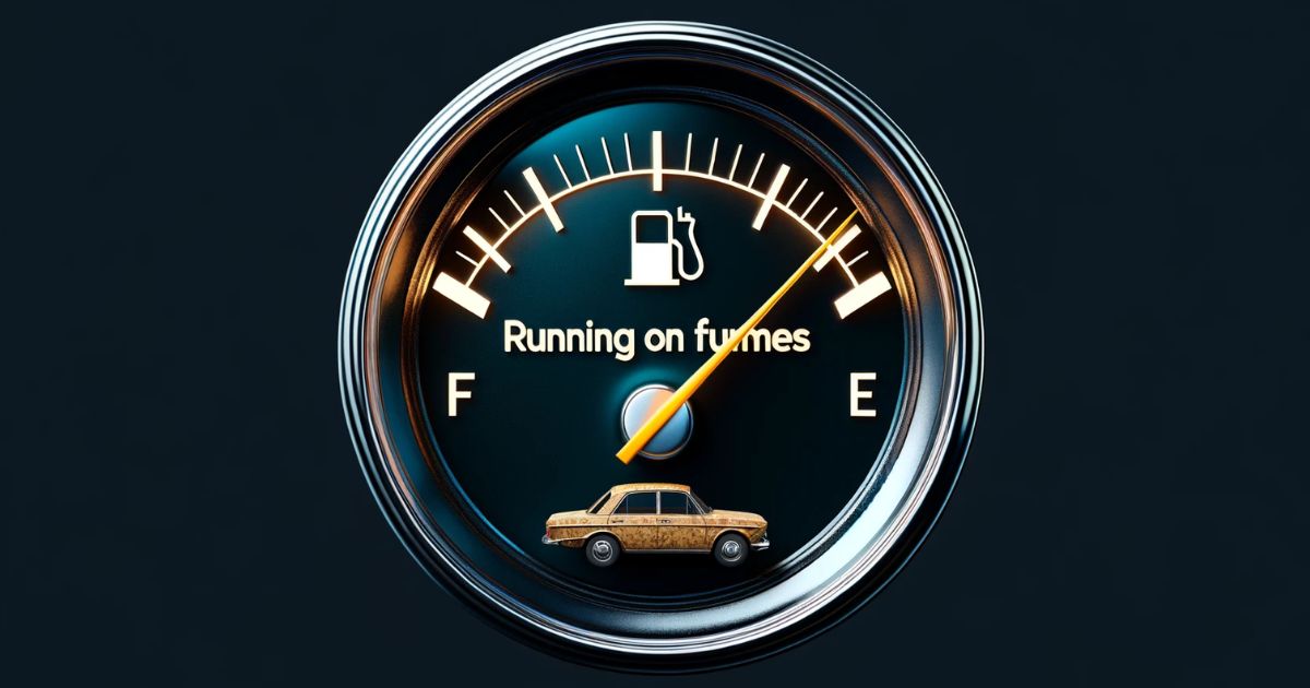 Imagem ilustrando 'Running on Fumes', com um veículo ou pessoa exibindo sinais de exaustão, representando a ideia de continuar apesar de recursos limitados