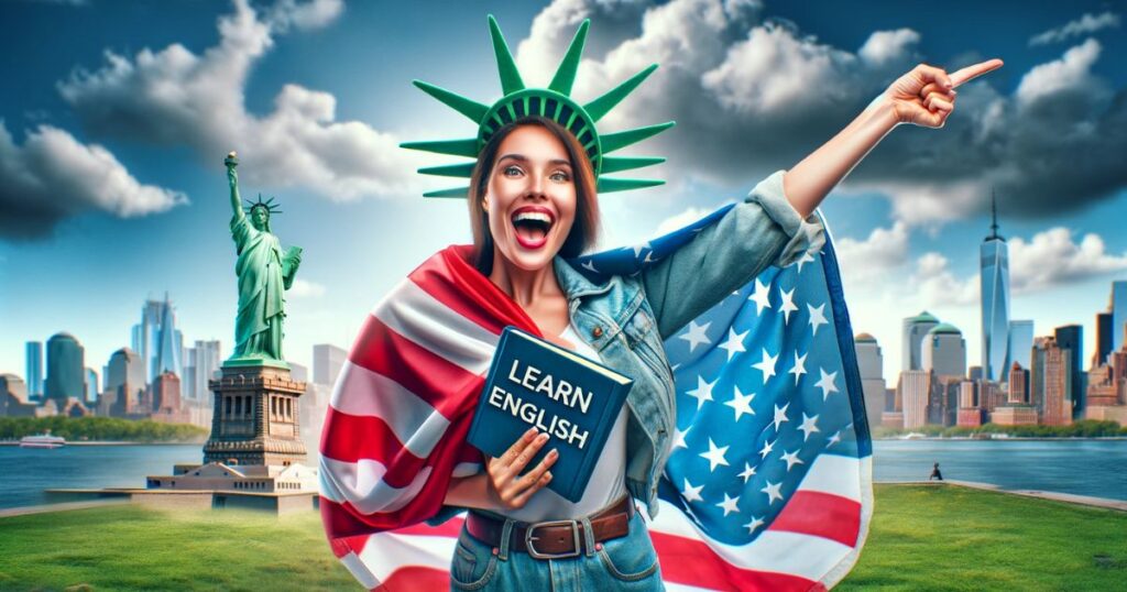 Mulher hispânica celebrando com uma bandeira americana e um livro de inglês em frente à Estátua da Liberdade